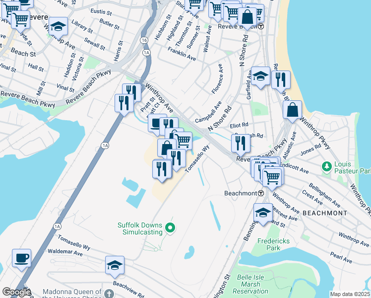 map of restaurants, bars, coffee shops, grocery stores, and more near 36 Furlong Drive in Revere