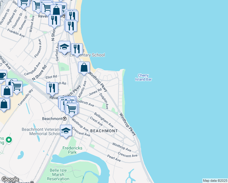 map of restaurants, bars, coffee shops, grocery stores, and more near 23 Roughan Street in Revere