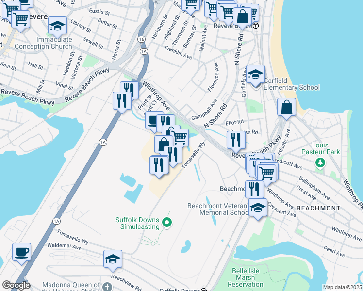 map of restaurants, bars, coffee shops, grocery stores, and more near 38 Furlong Drive in Revere