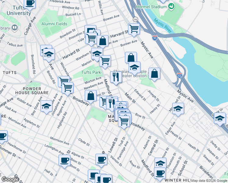 map of restaurants, bars, coffee shops, grocery stores, and more near 509 Main Street in Medford