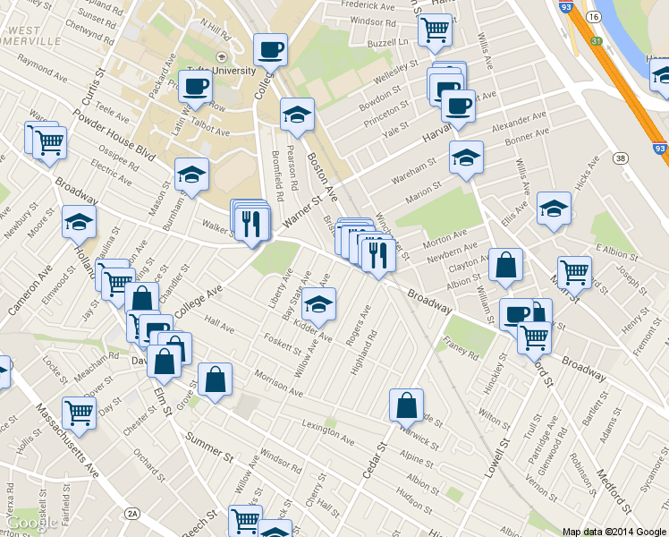 map of restaurants, bars, coffee shops, grocery stores, and more near 739 Broadway in Somerville