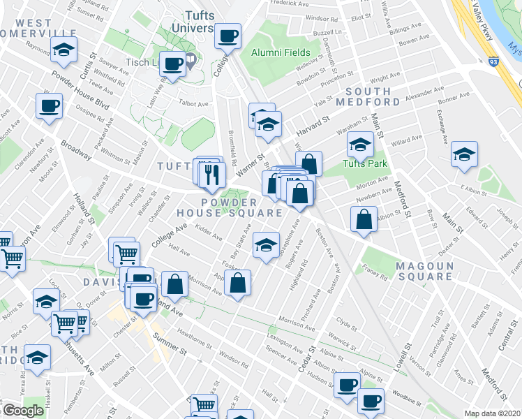 map of restaurants, bars, coffee shops, grocery stores, and more near 6 Liberty Avenue in Somerville