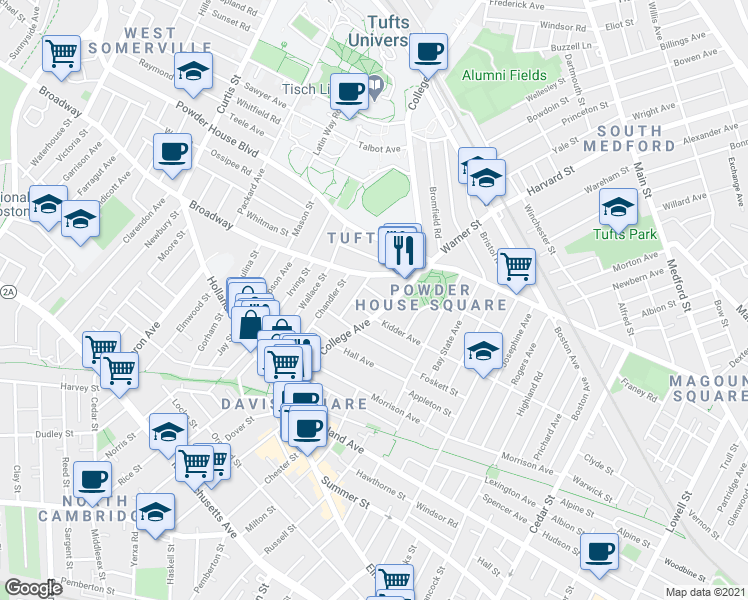 map of restaurants, bars, coffee shops, grocery stores, and more near 28 Billingham Street in Somerville