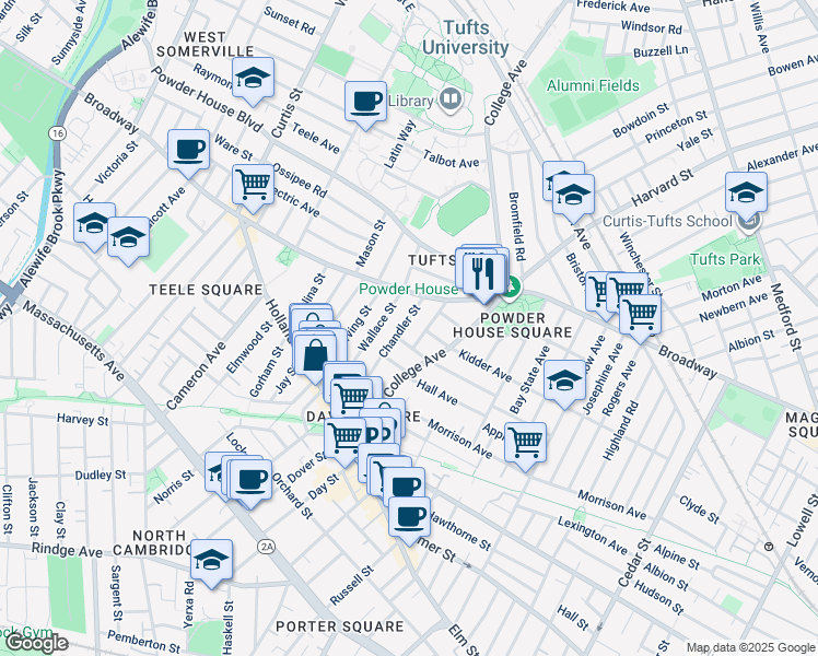 map of restaurants, bars, coffee shops, grocery stores, and more near 95 Wallace Street in Somerville