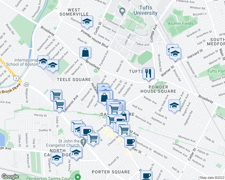 map of restaurants, bars, coffee shops, grocery stores, and more near 66 Irving Street in Somerville