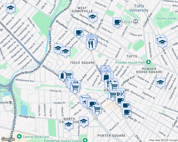 map of restaurants, bars, coffee shops, grocery stores, and more near 19 Cameron Avenue in Somerville