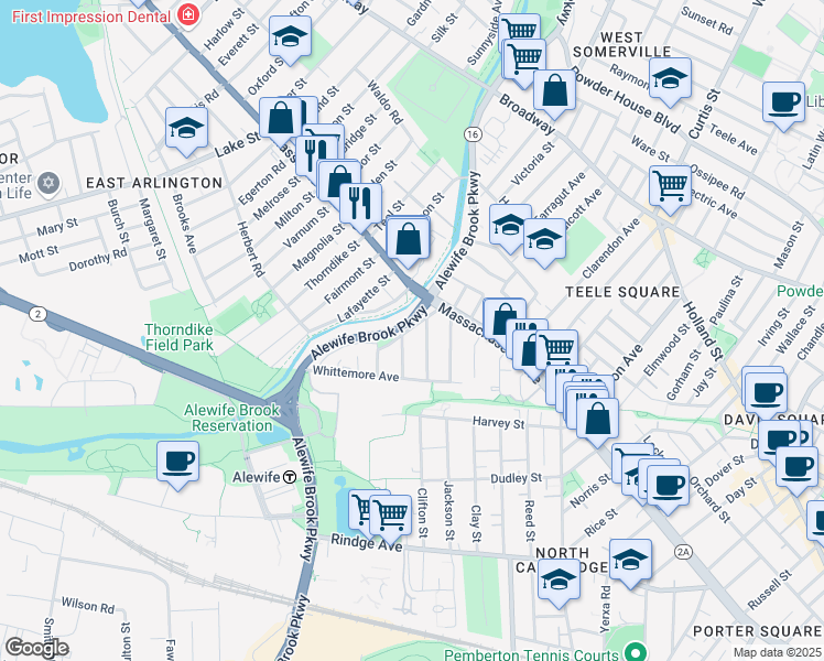 map of restaurants, bars, coffee shops, grocery stores, and more near 25 Columbus Avenue in Cambridge