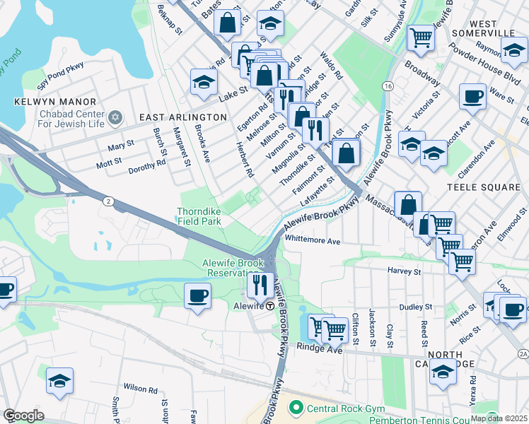 map of restaurants, bars, coffee shops, grocery stores, and more near 143 Thorndike Street in Arlington