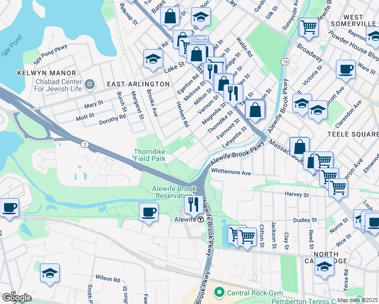 map of restaurants, bars, coffee shops, grocery stores, and more near 143 Thorndike Street in Arlington