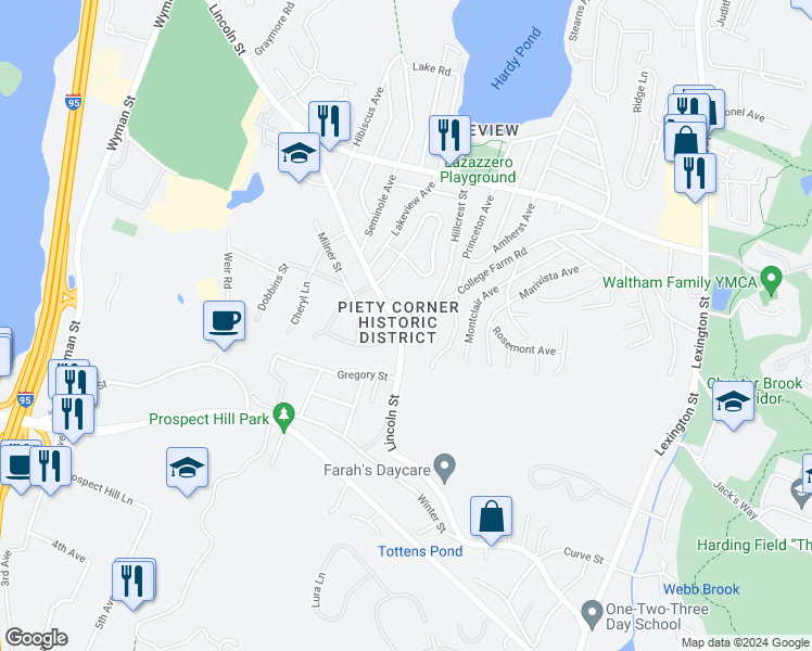 map of restaurants, bars, coffee shops, grocery stores, and more near 301 College Farm Road in Waltham