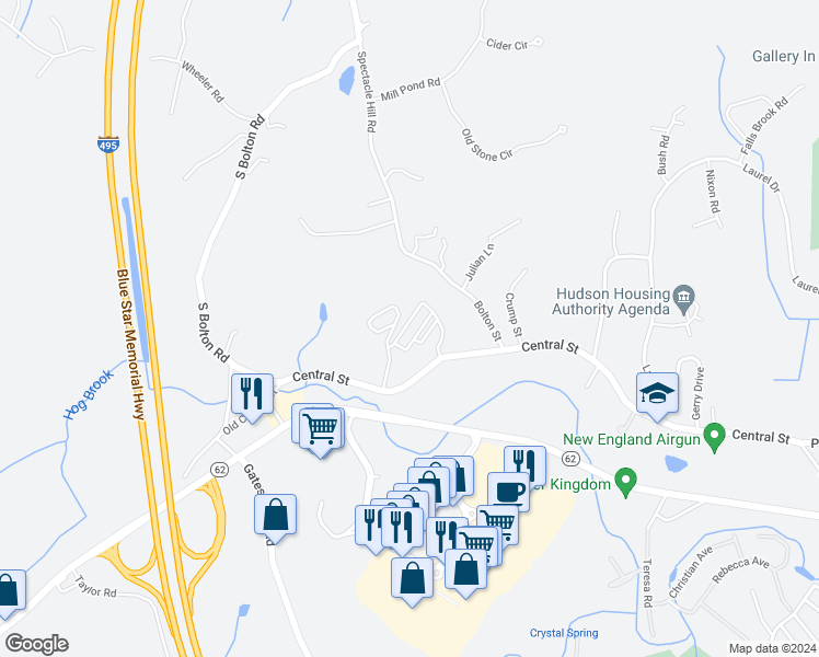 map of restaurants, bars, coffee shops, grocery stores, and more near 307 Central Street in Hudson