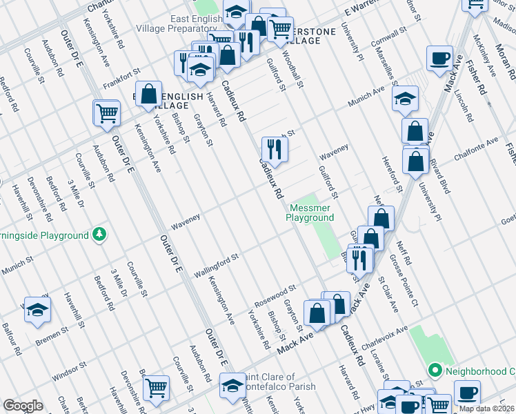 map of restaurants, bars, coffee shops, grocery stores, and more near 4241 Harvard Road in Detroit
