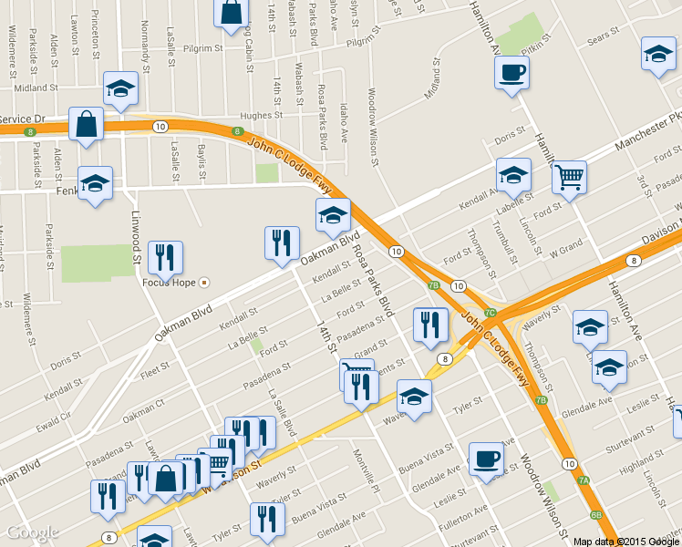 map of restaurants, bars, coffee shops, grocery stores, and more near 1930 Kendall Street in Detroit