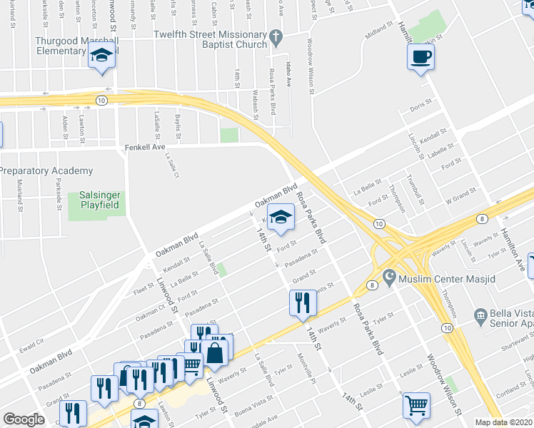 map of restaurants, bars, coffee shops, grocery stores, and more near 1982 Kendall Street in Detroit