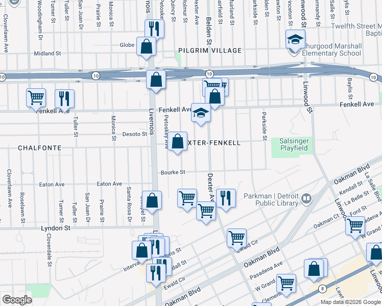 map of restaurants, bars, coffee shops, grocery stores, and more near 14914 Quincy Street in Detroit