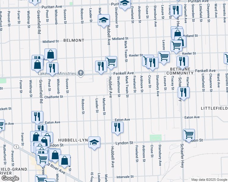 map of restaurants, bars, coffee shops, grocery stores, and more near 15050 Hubbell Avenue in Detroit