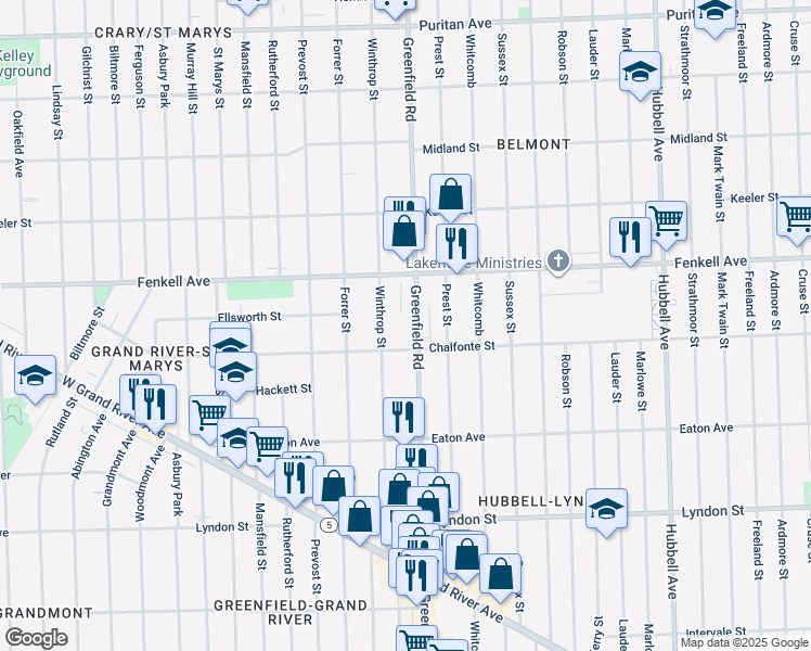 map of restaurants, bars, coffee shops, grocery stores, and more near 15097 Greenfield Road in Detroit