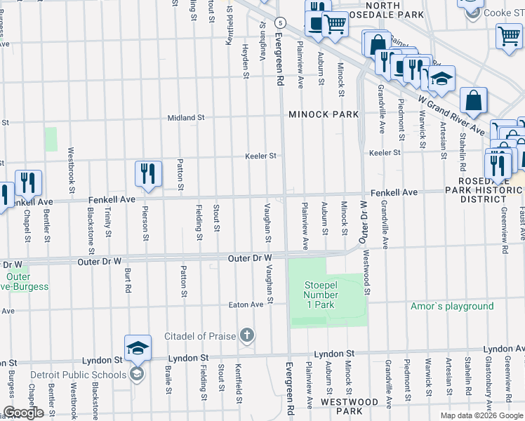 map of restaurants, bars, coffee shops, grocery stores, and more near 20209 Fenkell Avenue in Detroit
