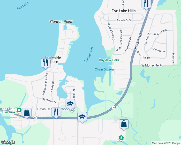 map of restaurants, bars, coffee shops, grocery stores, and more near 36900 North Hickory Court in Ingleside