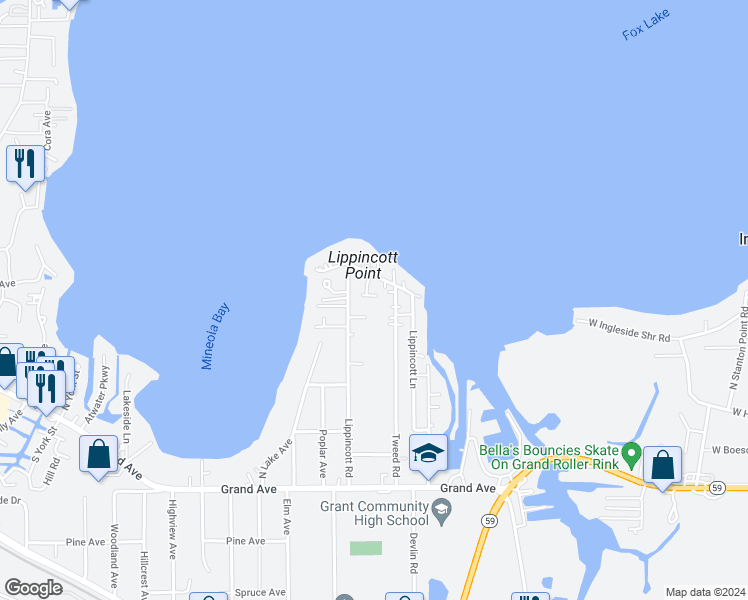 map of restaurants, bars, coffee shops, grocery stores, and more near 259 Lippincott Lane in Fox Lake