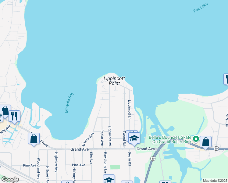 map of restaurants, bars, coffee shops, grocery stores, and more near 99 Lippincott Road in Fox Lake