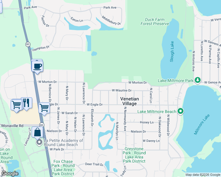 map of restaurants, bars, coffee shops, grocery stores, and more near 21614 West Maurine Drive in Lake Villa