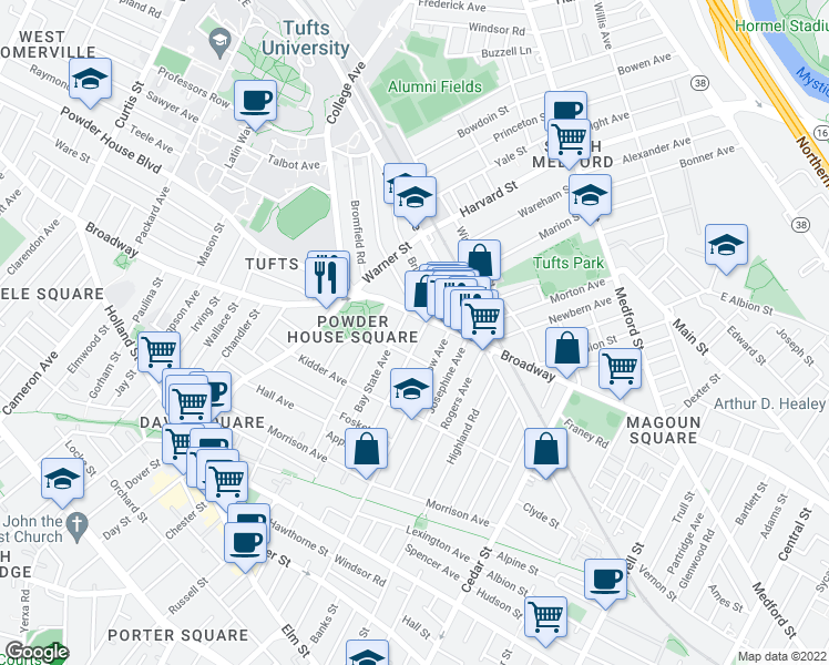 map of restaurants, bars, coffee shops, grocery stores, and more near in Somerville