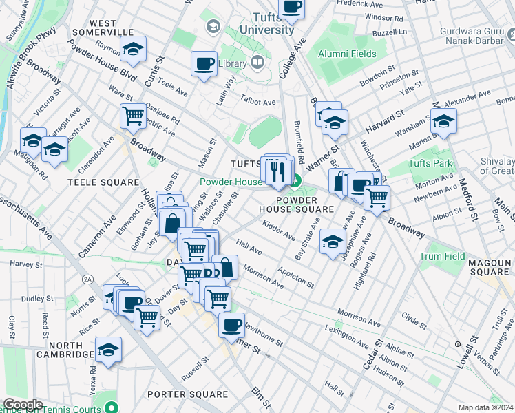 map of restaurants, bars, coffee shops, grocery stores, and more near 11 Kenwood Street in Somerville
