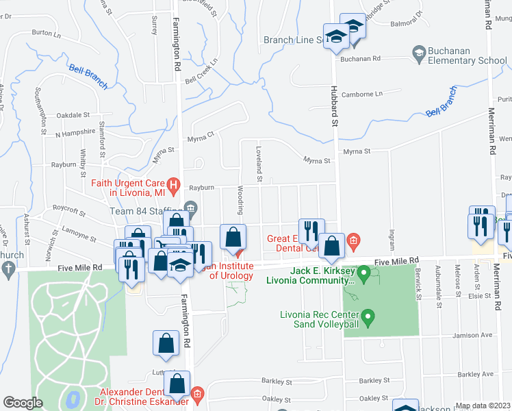 map of restaurants, bars, coffee shops, grocery stores, and more near 15583 Loveland Street in Livonia