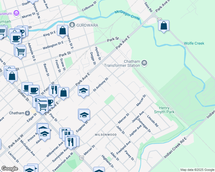 map of restaurants, bars, coffee shops, grocery stores, and more near 74 Chestnut Drive in Chatham-Kent