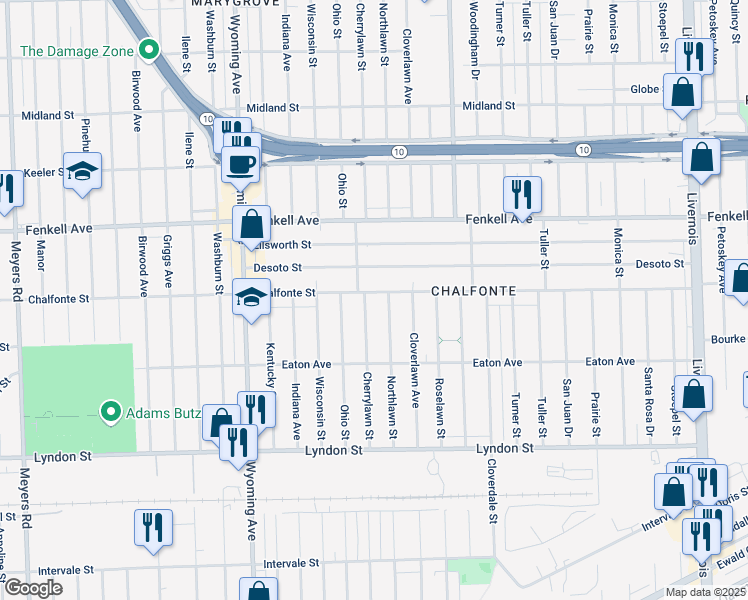 map of restaurants, bars, coffee shops, grocery stores, and more near 8438 Chalfonte Street in Detroit