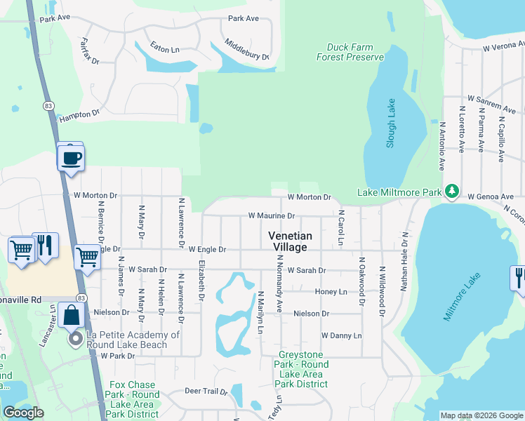 map of restaurants, bars, coffee shops, grocery stores, and more near 21563 West Morton Drive in Lake Villa