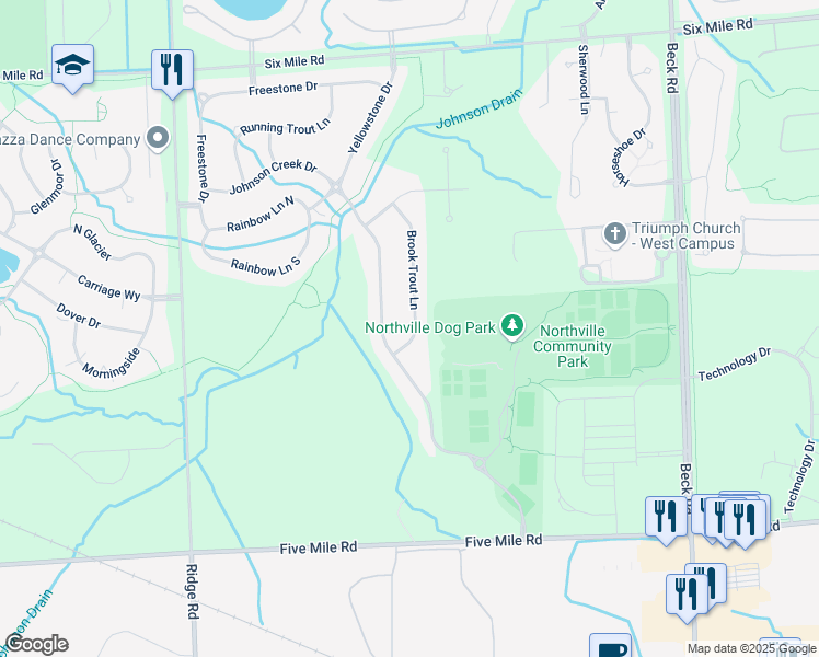 map of restaurants, bars, coffee shops, grocery stores, and more near 16143 Brook Trout Lane in Northville