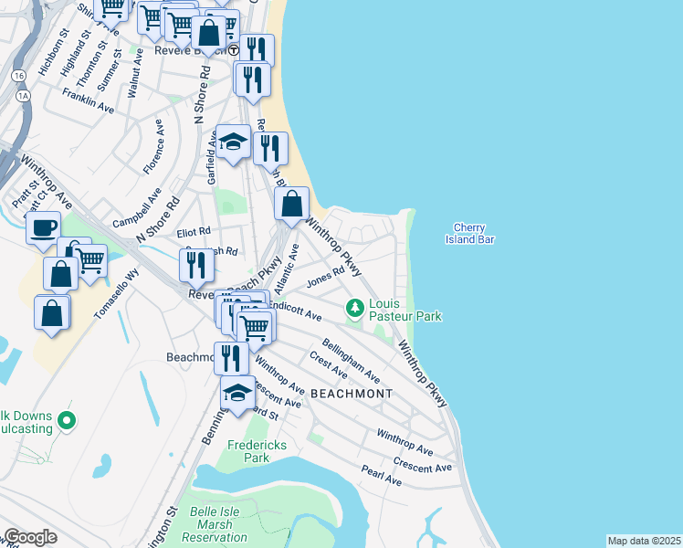 map of restaurants, bars, coffee shops, grocery stores, and more near 90 Jones Road in Revere