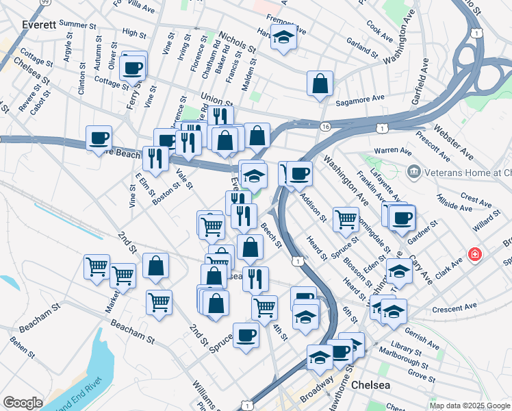 map of restaurants, bars, coffee shops, grocery stores, and more near 299 Everett Avenue in Chelsea