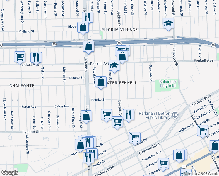 map of restaurants, bars, coffee shops, grocery stores, and more near 14914 Quincy Street in Detroit