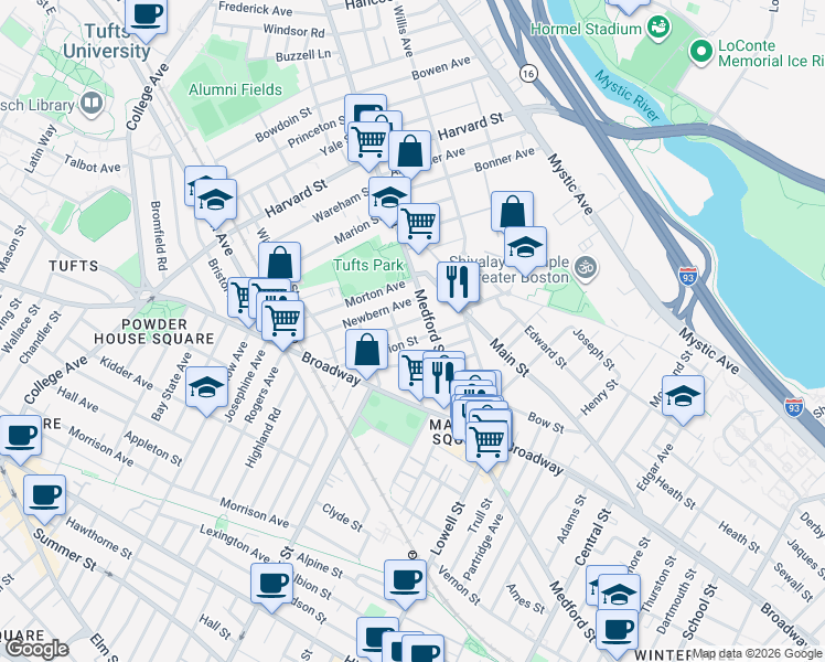 map of restaurants, bars, coffee shops, grocery stores, and more near 30 Medford Street in Medford