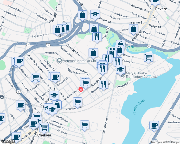 map of restaurants, bars, coffee shops, grocery stores, and more near 112 Webster Avenue in Chelsea