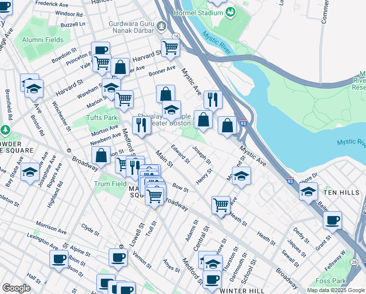 map of restaurants, bars, coffee shops, grocery stores, and more near 9 Bennett Street in Medford
