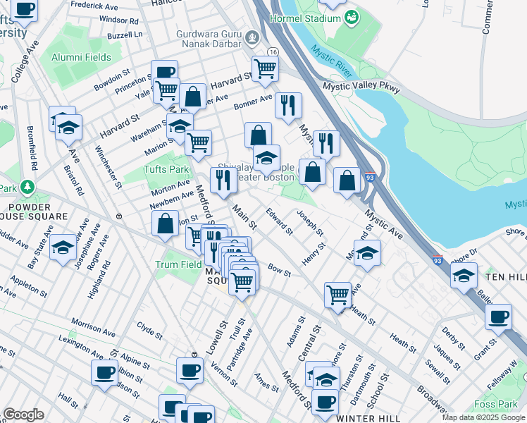 map of restaurants, bars, coffee shops, grocery stores, and more near 9 Bennett Street in Medford