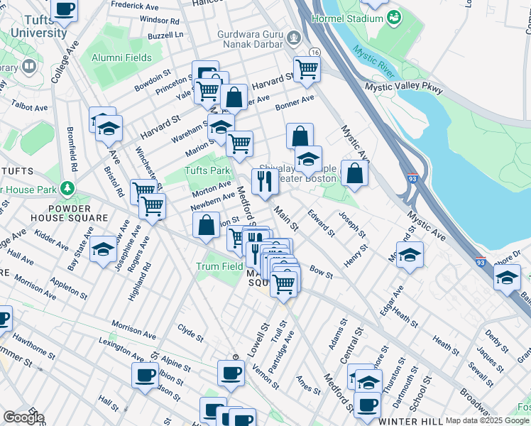 map of restaurants, bars, coffee shops, grocery stores, and more near 509 Main Street in Medford