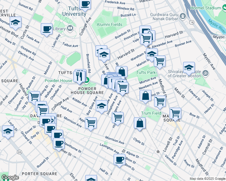 map of restaurants, bars, coffee shops, grocery stores, and more near 739 Broadway in Somerville