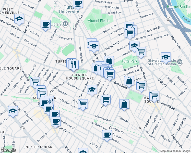 map of restaurants, bars, coffee shops, grocery stores, and more near 739 Broadway in Somerville