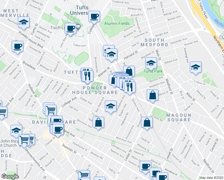 map of restaurants, bars, coffee shops, grocery stores, and more near 739 Broadway in Somerville