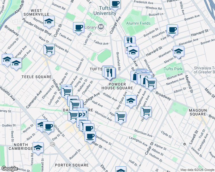 map of restaurants, bars, coffee shops, grocery stores, and more near 126 College Avenue in Somerville