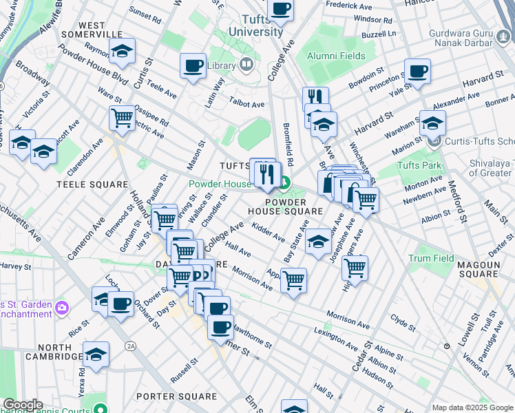map of restaurants, bars, coffee shops, grocery stores, and more near 126 College Avenue in Somerville