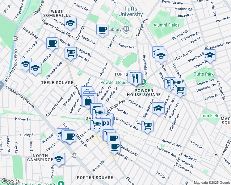 map of restaurants, bars, coffee shops, grocery stores, and more near 95 Wallace Street in Somerville