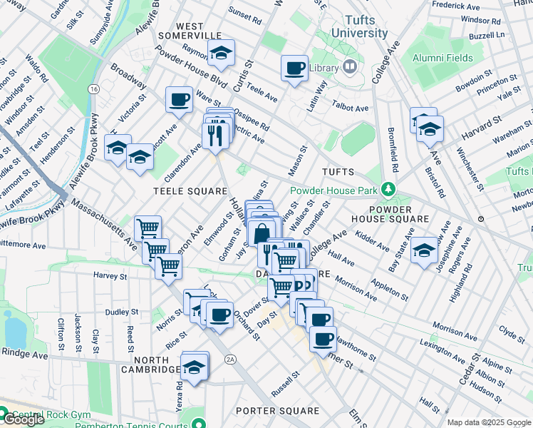 map of restaurants, bars, coffee shops, grocery stores, and more near 41 Corinthian Road in Somerville