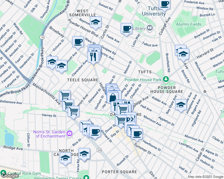 map of restaurants, bars, coffee shops, grocery stores, and more near 41 Corinthian Road in Somerville