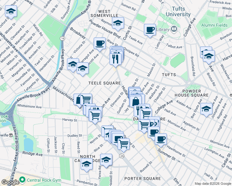 map of restaurants, bars, coffee shops, grocery stores, and more near 19 Cameron Avenue in Somerville